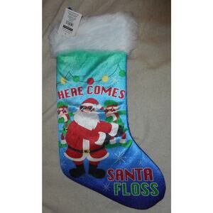 Christmas Stocking Dancing w/Here Comes Santa Floss on Blue Satin 17.5"x8.5"